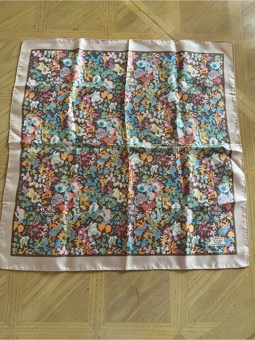 Liberty of London Floral Silk Scarf in Brown, Pink, Blue & Yellow